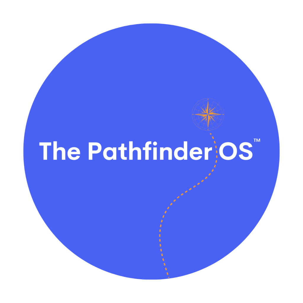 Blue circle with the text "The Pathfinder OS" in white. A dotted line with a star at the top right corner.