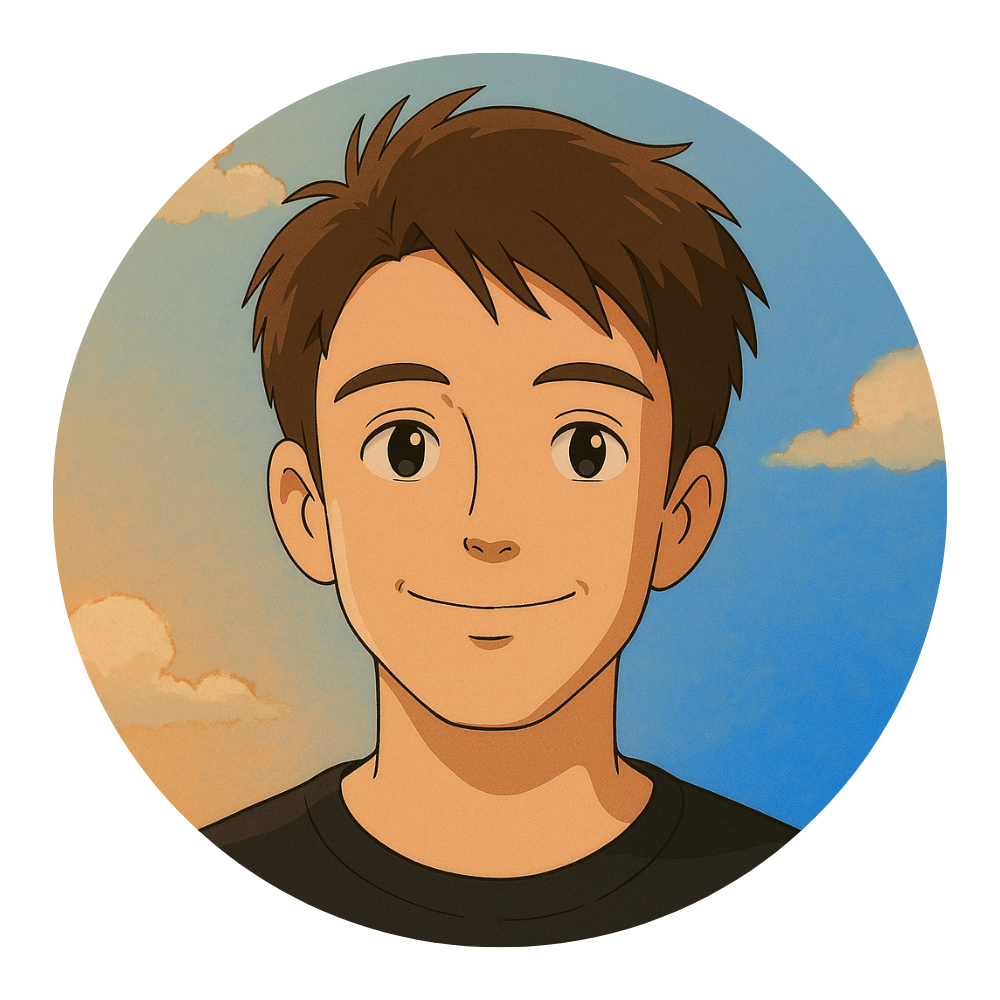 Anime-style illustration of a person with short brown hair, smiling in front of a sky background with clouds.