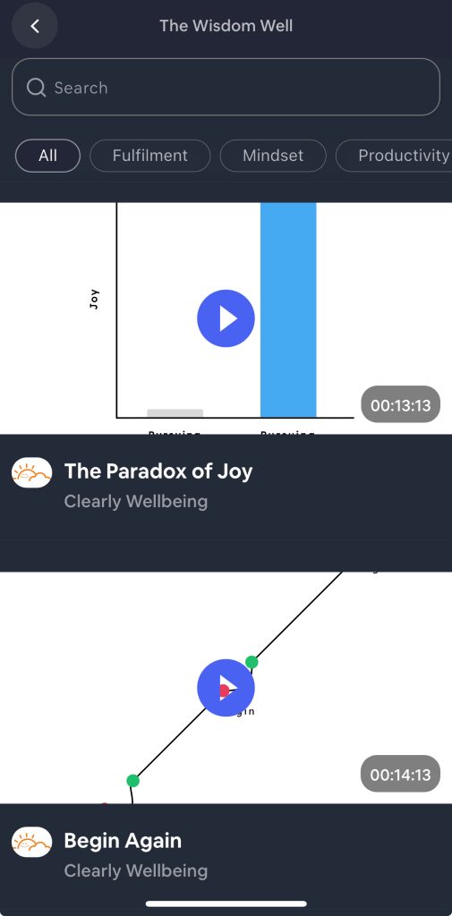 Screenshot of an audio streaming app showing two audio tracks: "The Paradox of Joy" and "Begin Again," each with a play button and duration displayed.