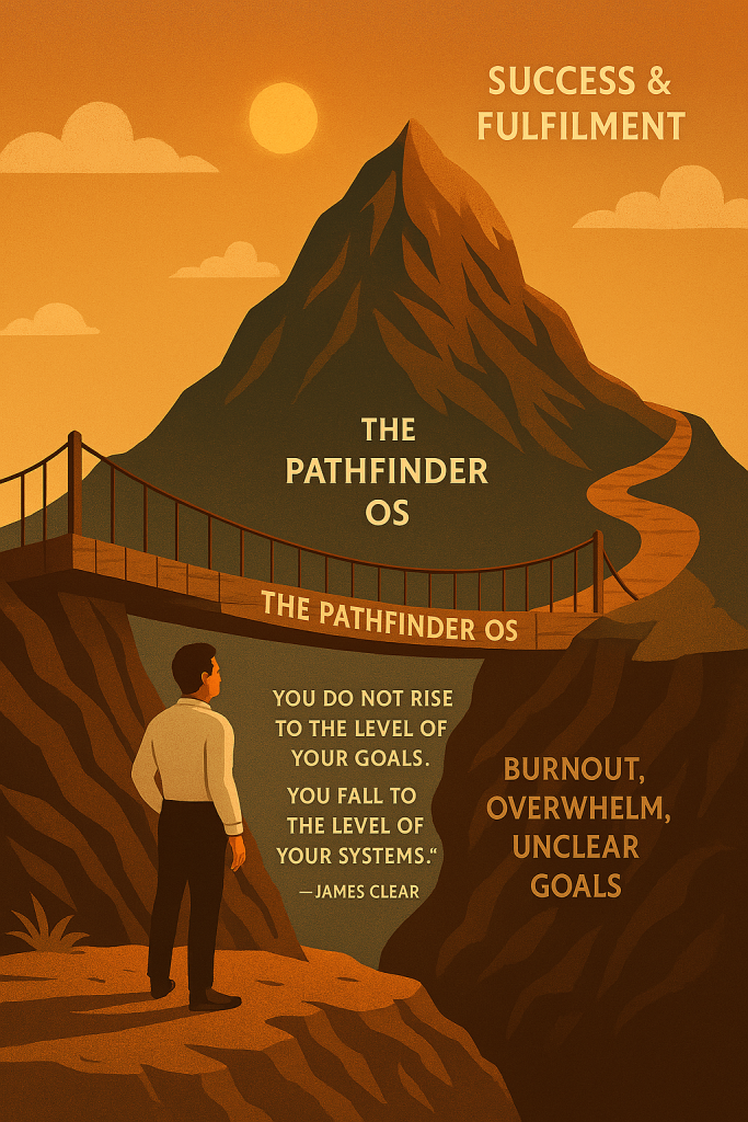 Man stands before a mountain with bridge and path leading to summit labeled "Success & Fulfillment." Quote: "You do not rise to the level of your goals. You fall to the level of your systems.