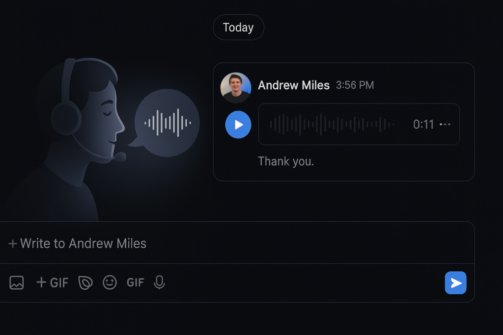 A chat interface shows a voice message from Andrew Miles with a play button and timer. A silhouette with a headset speaks, accompanied by a sound wave icon.