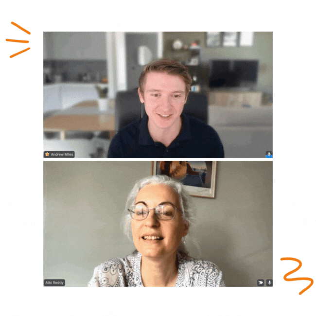Two people participate in a video call; the man is in a modern home office, and the woman is in a different room, both smiling.