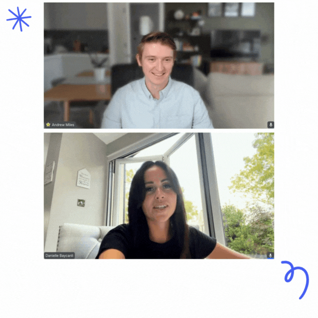 A man and a woman participate in a video call, each in separate rooms with visible backgrounds; their names are displayed on screen.
