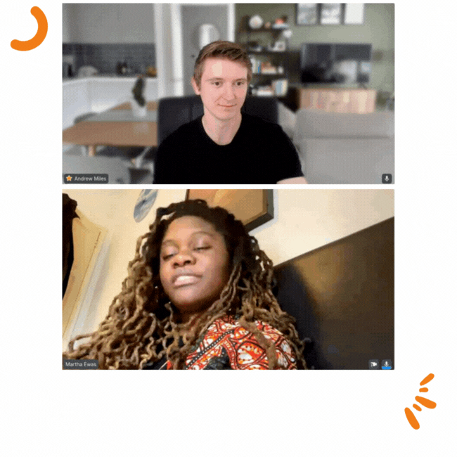 A man and a woman participate in a virtual video call, each appearing in separate frames with their names displayed at the bottom of their screens.