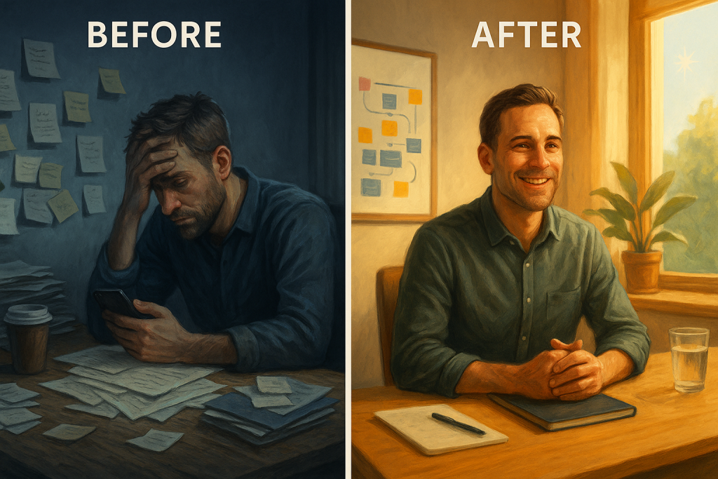 Split image showing "Before" and "After": Left, a stressed man surrounded by papers; right, the same man appears relaxed and smiling at a tidy desk with sunlight and plants.