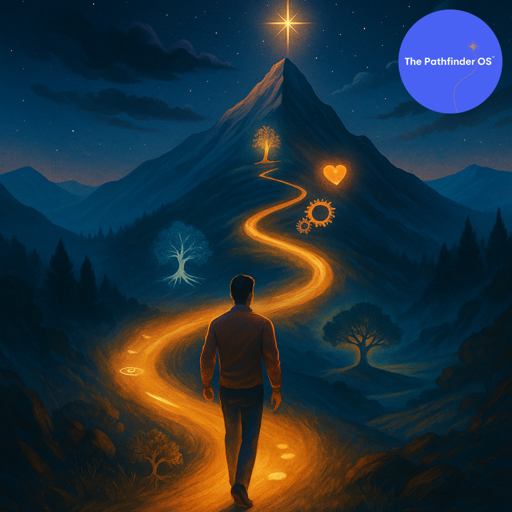 A man walks a glowing path up a tall mountain at night, passing icons of a tree, gears, and a heart, with a star at the peak and “The Pathfinder OS” logo in the sky.