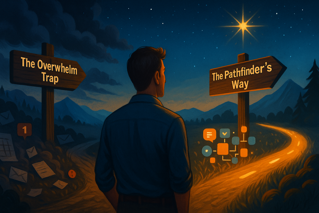 A man stands at a fork in a path at night, choosing between “The Overwhelm Trap” with piles of papers and notifications, and “The Pathfinder’s Way” lit by a star with digital icons.