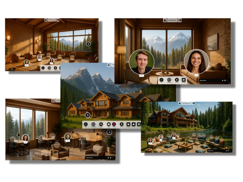 A collage shows virtual meeting rooms and a mountain lodge, with user interface elements and people’s video call profile images overlaid on outdoor and indoor scenic backgrounds.